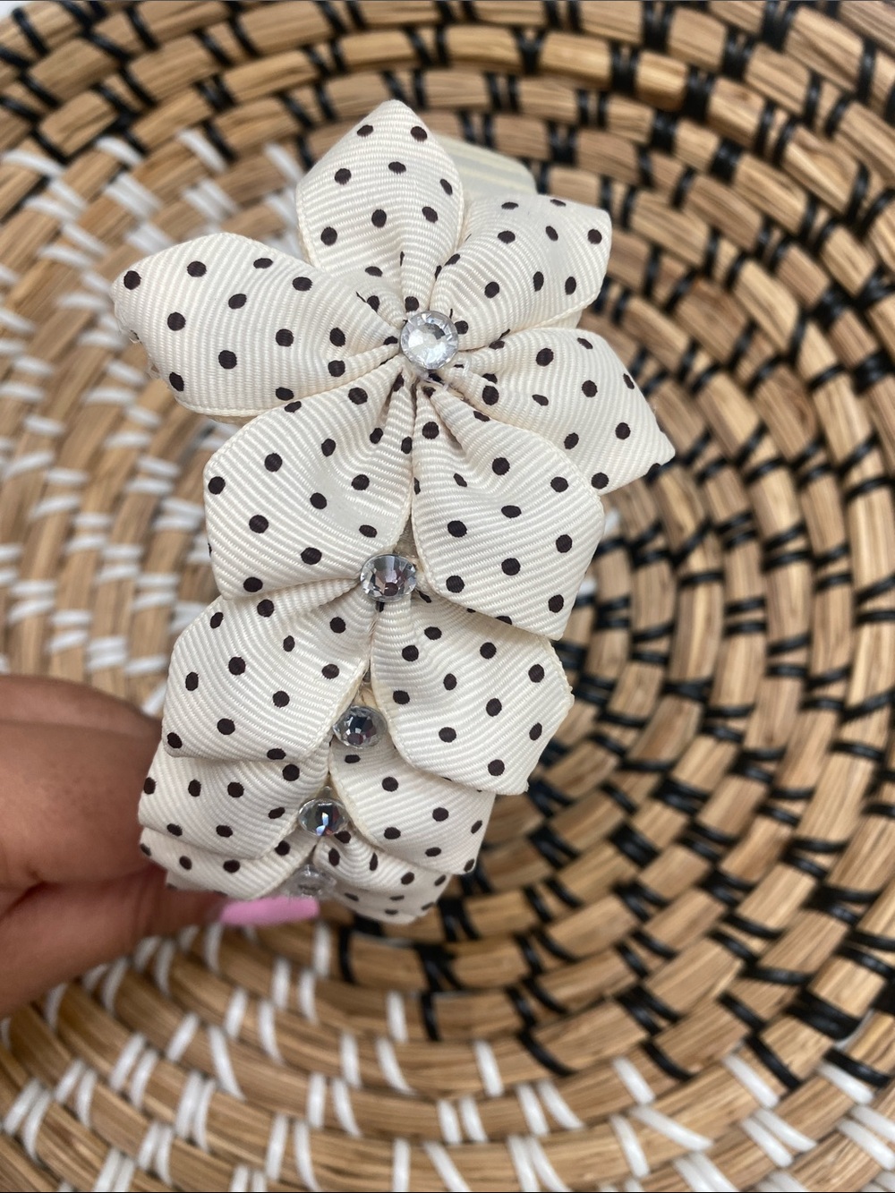 Cream Polka Dot Bow Headband- Handcrafted - Picture 4 of 6
